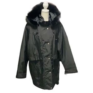 Vintage Izzi Outerwear Womens Black Coat Removable Fur Trim Hood Plus Size